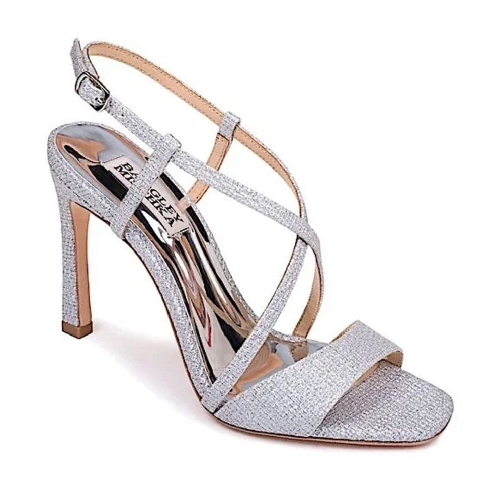 Badgley Mischka Cook Metallic Silver Glitter Strappy Evening Shoes/Dust Bag $245